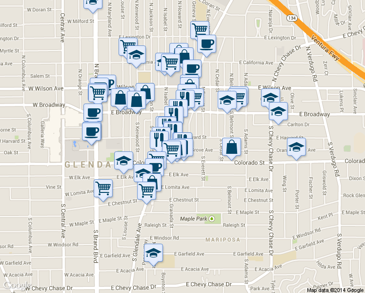 map of restaurants, bars, coffee shops, grocery stores, and more near 135 South Glendale Avenue in Glendale