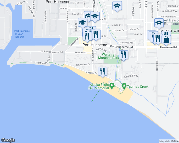 map of restaurants, bars, coffee shops, grocery stores, and more near 323 East Surfside Drive in Port Hueneme