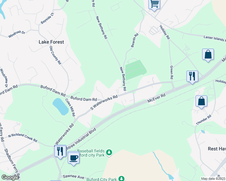 map of restaurants, bars, coffee shops, grocery stores, and more near 2850 South Waterworks Road in Buford