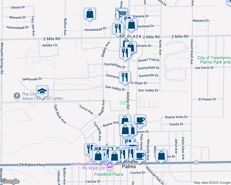 map of restaurants, bars, coffee shops, grocery stores, and more near 73615 Sun Valley Drive in Twentynine Palms