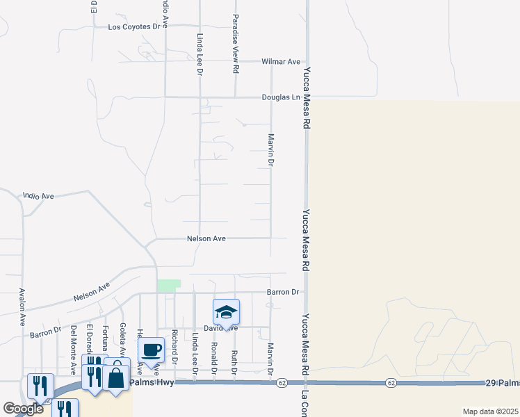 map of restaurants, bars, coffee shops, grocery stores, and more near Marvin Drive in Yucca Valley