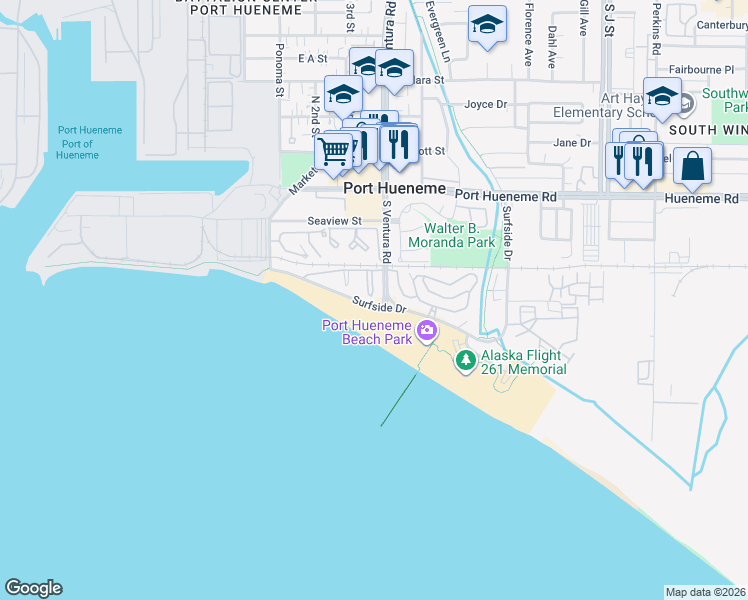 map of restaurants, bars, coffee shops, grocery stores, and more near 353 East Surfside Drive in Port Hueneme