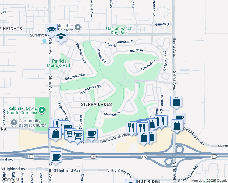 map of restaurants, bars, coffee shops, grocery stores, and more near 16509 Landmark Drive in Fontana