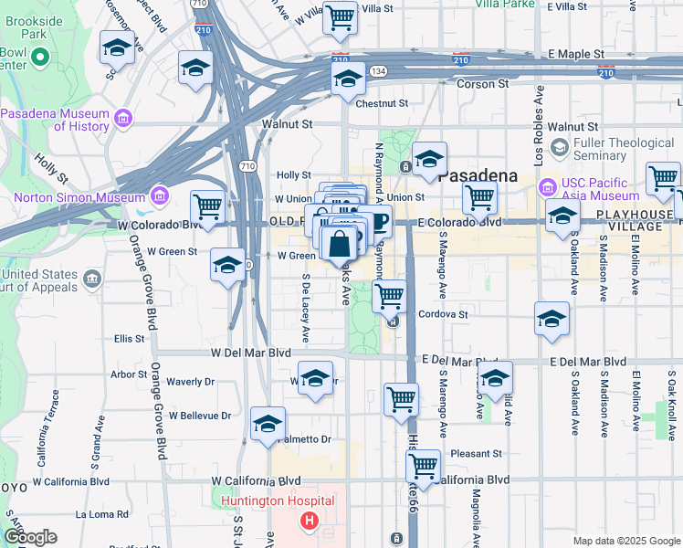 map of restaurants, bars, coffee shops, grocery stores, and more near 75 South Fair Oaks Avenue in Pasadena