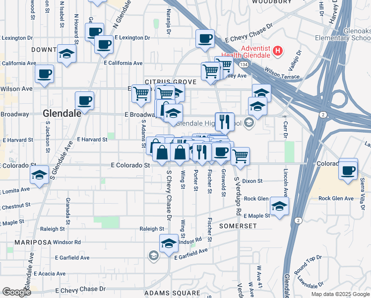 map of restaurants, bars, coffee shops, grocery stores, and more near 1233 Orange Grove Avenue in Glendale