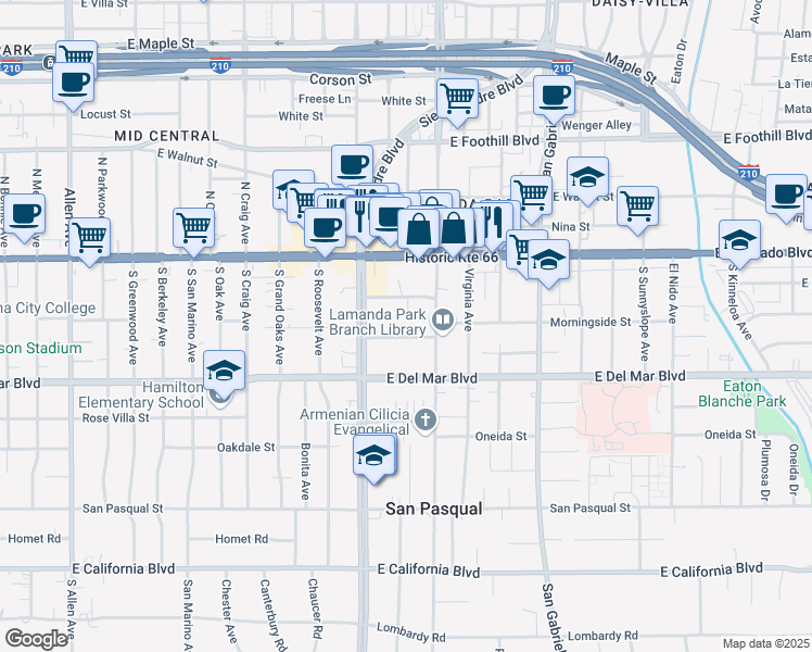 map of restaurants, bars, coffee shops, grocery stores, and more near 2449 Oswego Street in Pasadena