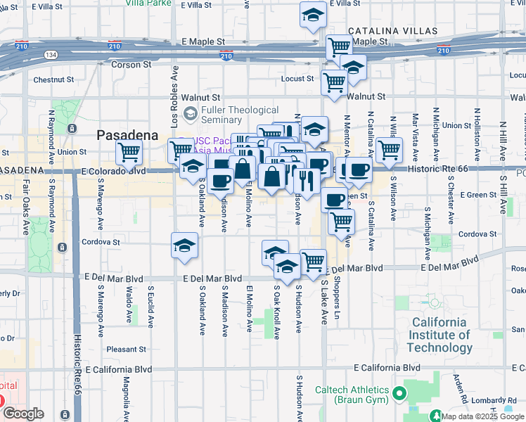 map of restaurants, bars, coffee shops, grocery stores, and more near 697 Mira Monte Place in Pasadena