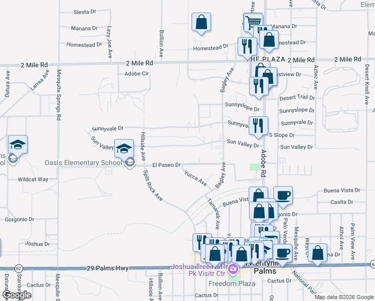 map of restaurants, bars, coffee shops, grocery stores, and more near 73393 Sun Valley Drive in Twentynine Palms