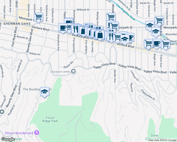 map of restaurants, bars, coffee shops, grocery stores, and more near 13866 Valley Vista Boulevard in Los Angeles