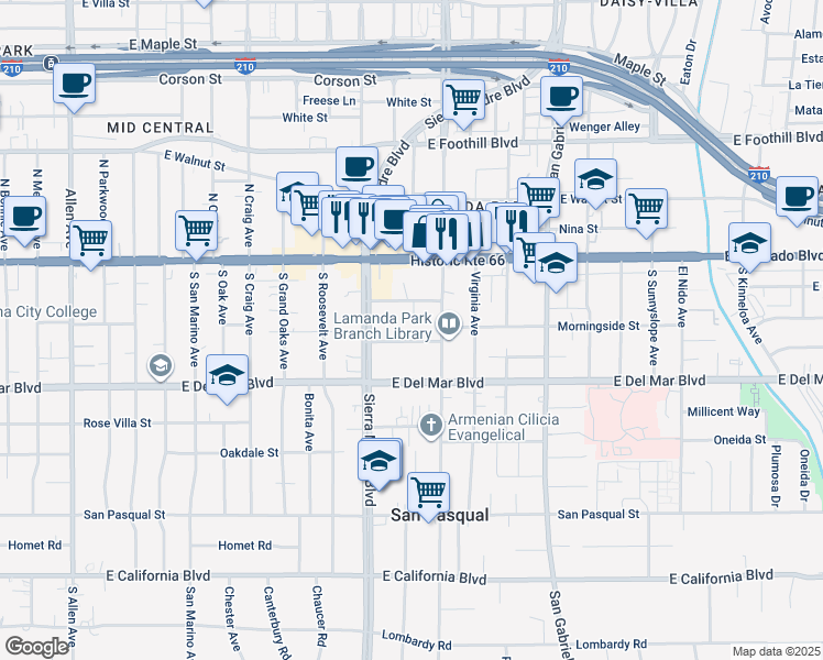 map of restaurants, bars, coffee shops, grocery stores, and more near 2449 Oswego Street in Pasadena