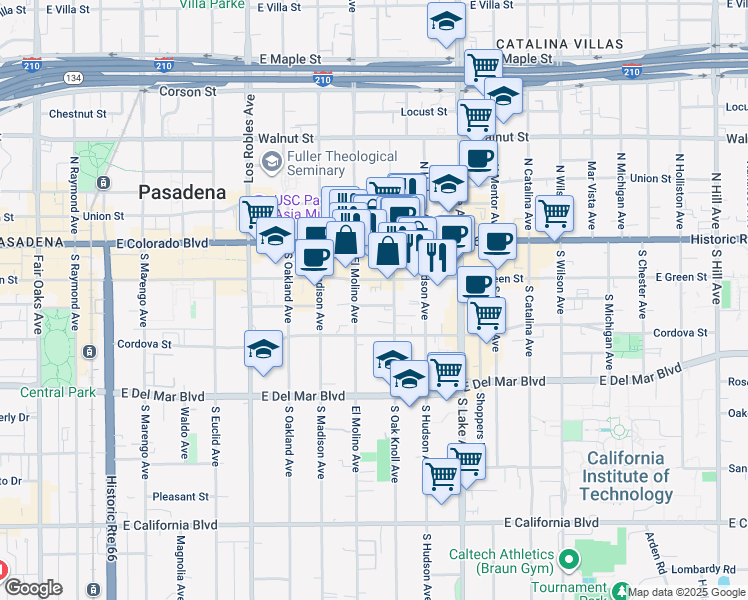 map of restaurants, bars, coffee shops, grocery stores, and more near 697 Mira Monte Place in Pasadena