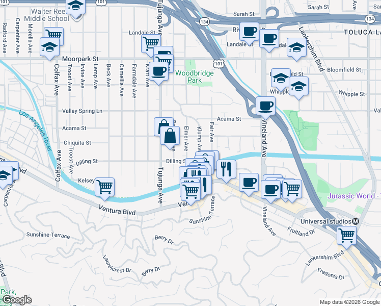 map of restaurants, bars, coffee shops, grocery stores, and more near 4150 Elmer Avenue in Los Angeles