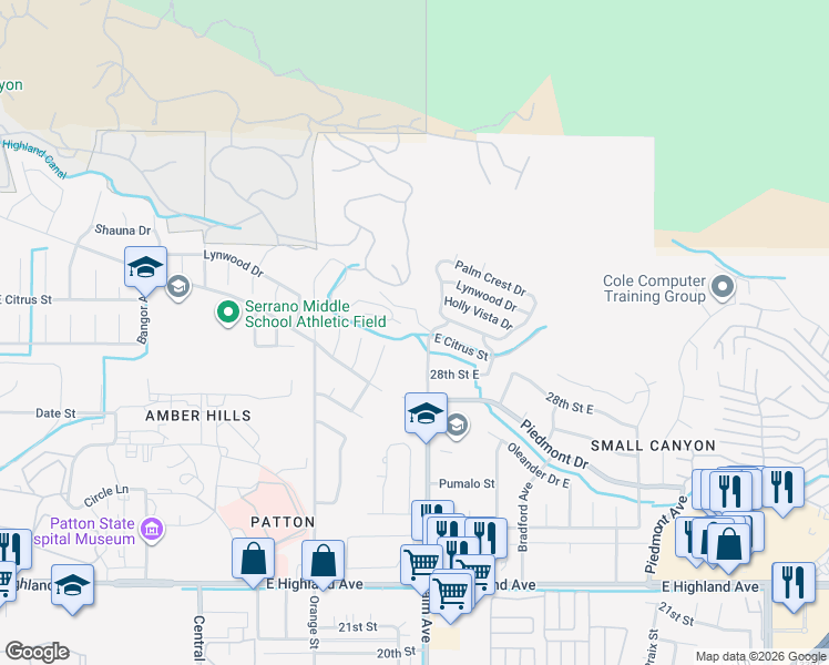 map of restaurants, bars, coffee shops, grocery stores, and more near 3595 East Citrus Street in Highland