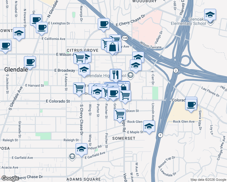 map of restaurants, bars, coffee shops, grocery stores, and more near 1357 Orange Grove Avenue in Glendale