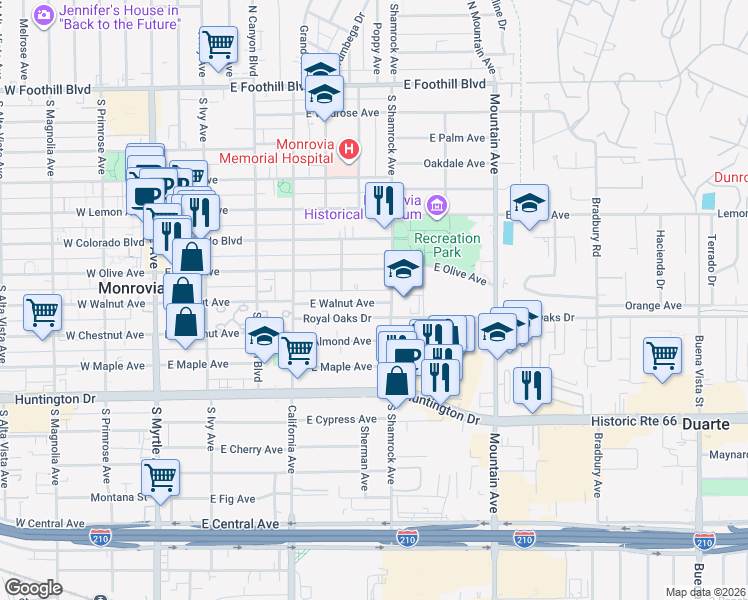 map of restaurants, bars, coffee shops, grocery stores, and more near 613 East Walnut Avenue in Monrovia