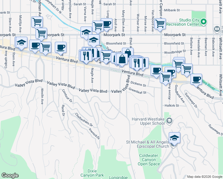 map of restaurants, bars, coffee shops, grocery stores, and more near 4106 Longridge Avenue in Los Angeles