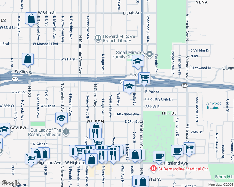 map of restaurants, bars, coffee shops, grocery stores, and more near 2894 Wall Avenue in San Bernardino
