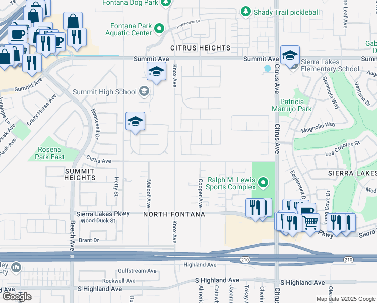 map of restaurants, bars, coffee shops, grocery stores, and more near 15556 Cole Point Lane in Fontana