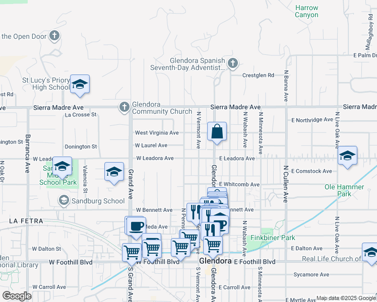map of restaurants, bars, coffee shops, grocery stores, and more near 516 North Pennsylvania Avenue in Glendora