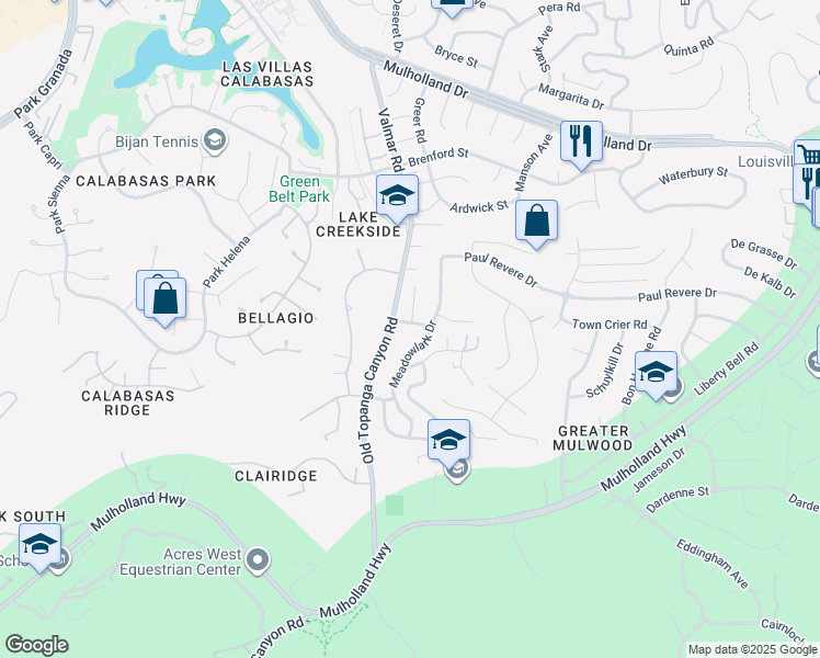 map of restaurants, bars, coffee shops, grocery stores, and more near 23020 Wrencrest Drive in Calabasas