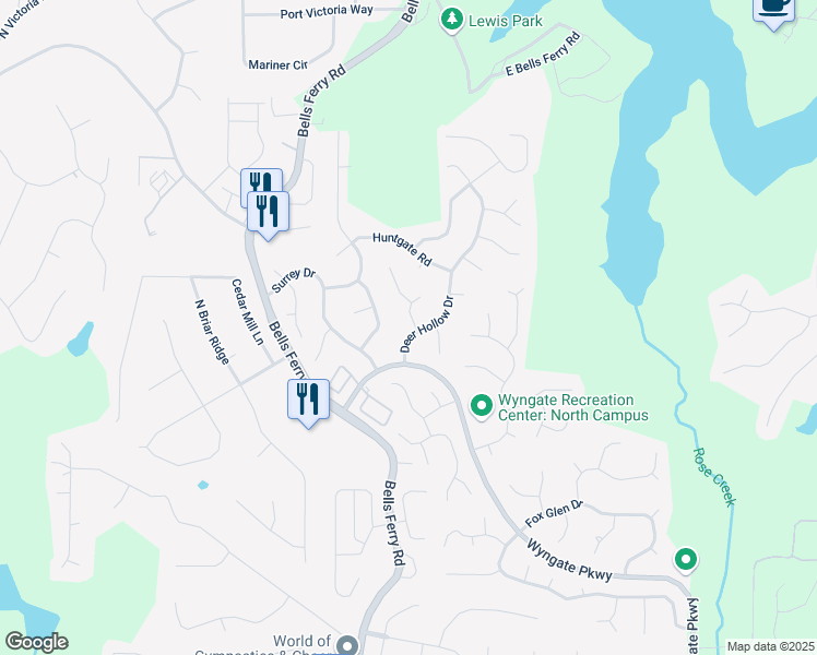 map of restaurants, bars, coffee shops, grocery stores, and more near 2001 Fairbrook Lane in Woodstock
