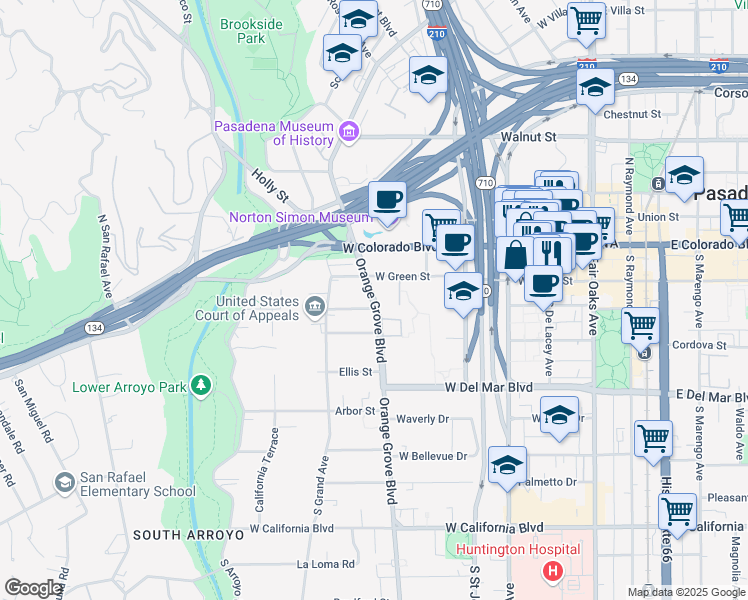 map of restaurants, bars, coffee shops, grocery stores, and more near 172 South Orange Grove Boulevard in Pasadena