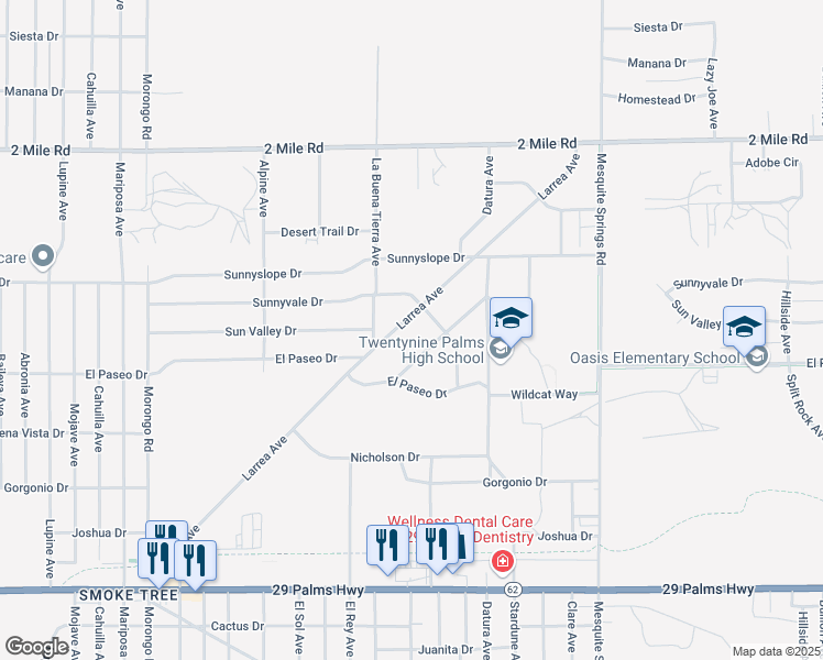 map of restaurants, bars, coffee shops, grocery stores, and more near 72555 Larrea Avenue in Twentynine Palms