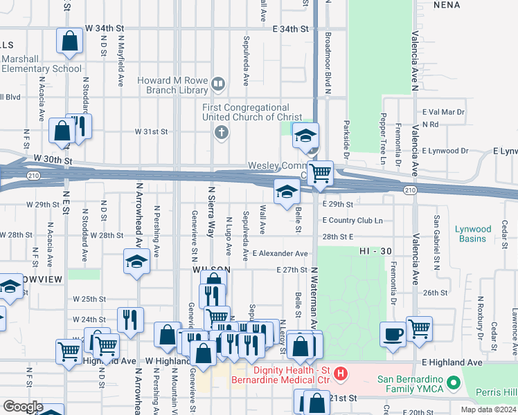 map of restaurants, bars, coffee shops, grocery stores, and more near 2894 Wall Avenue in San Bernardino