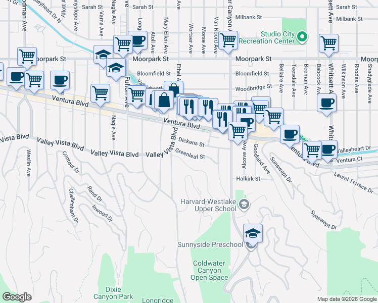 map of restaurants, bars, coffee shops, grocery stores, and more near 13045 Greenleaf Street in Los Angeles