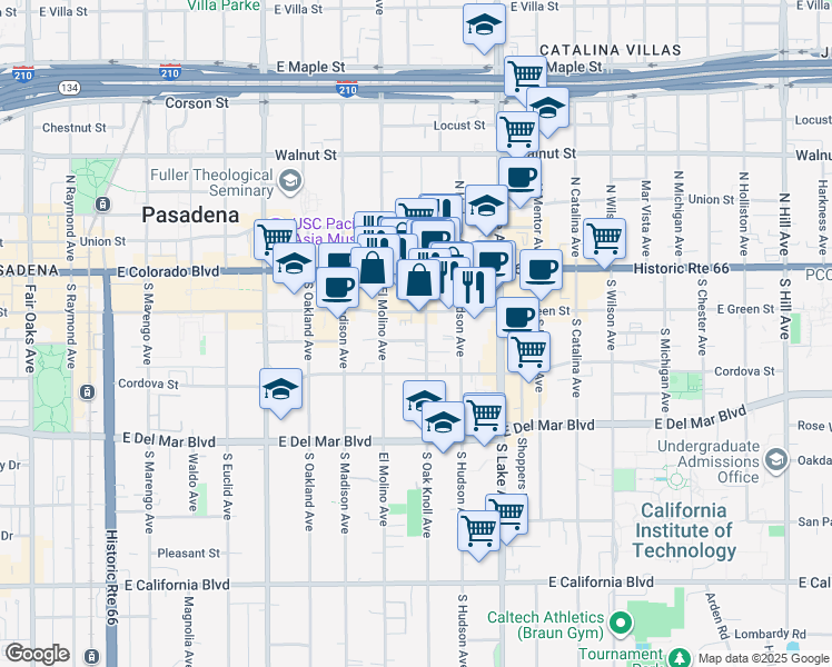 map of restaurants, bars, coffee shops, grocery stores, and more near 111 South Oak Knoll Avenue in Pasadena