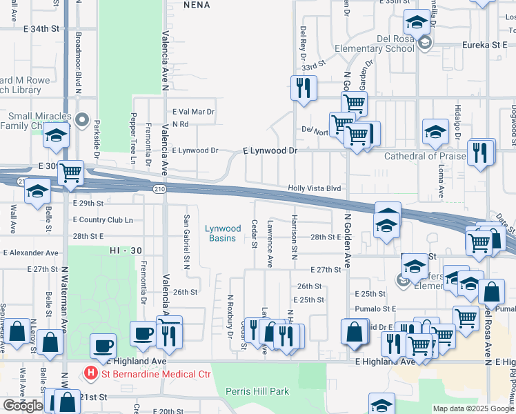 map of restaurants, bars, coffee shops, grocery stores, and more near 2877 Cedar Street in San Bernardino