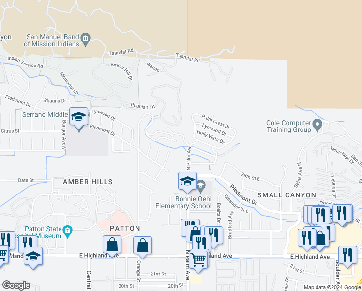 map of restaurants, bars, coffee shops, grocery stores, and more near 3595 East Citrus Street in Highland