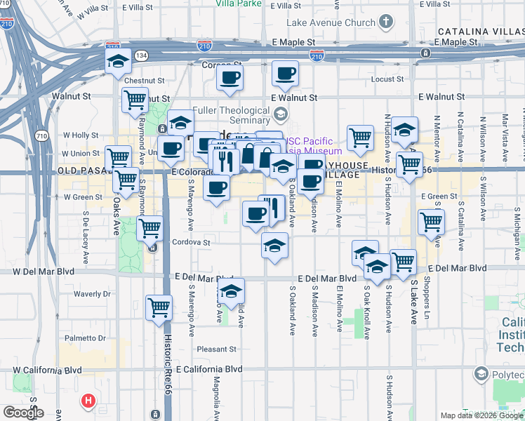 map of restaurants, bars, coffee shops, grocery stores, and more near 119 South Los Robles Avenue in Pasadena