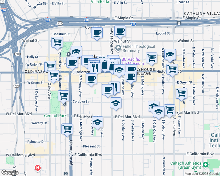 map of restaurants, bars, coffee shops, grocery stores, and more near in Pasadena