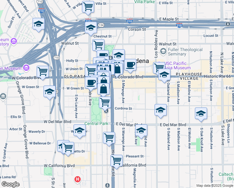 map of restaurants, bars, coffee shops, grocery stores, and more near 101 South Marengo Avenue in Pasadena