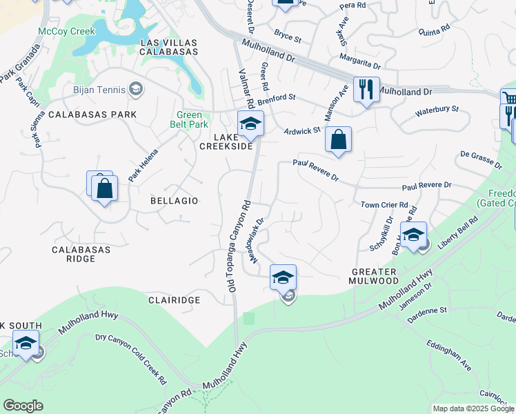 map of restaurants, bars, coffee shops, grocery stores, and more near 23020 Wrencrest Drive in Calabasas