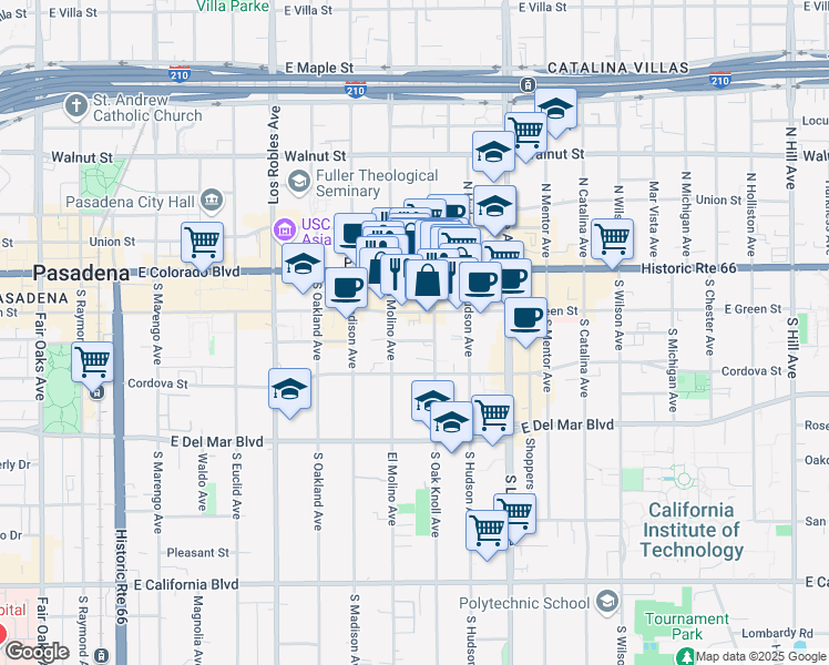 map of restaurants, bars, coffee shops, grocery stores, and more near 701 Mira Monte Place in Pasadena