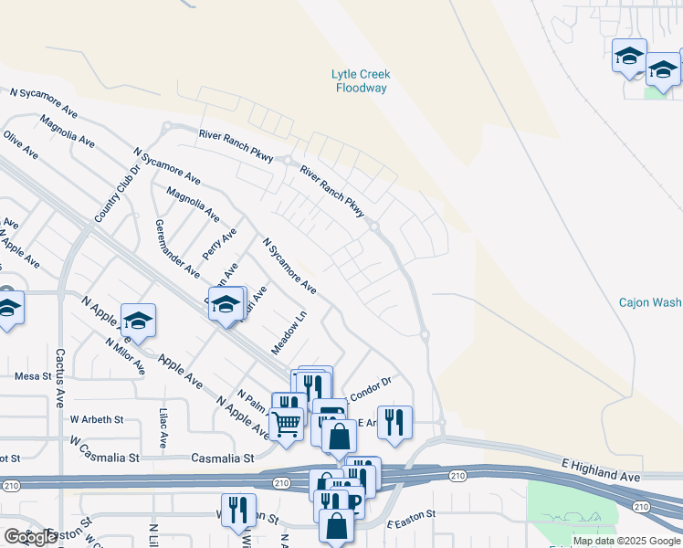 map of restaurants, bars, coffee shops, grocery stores, and more near 2435 Powell Drive in Rialto