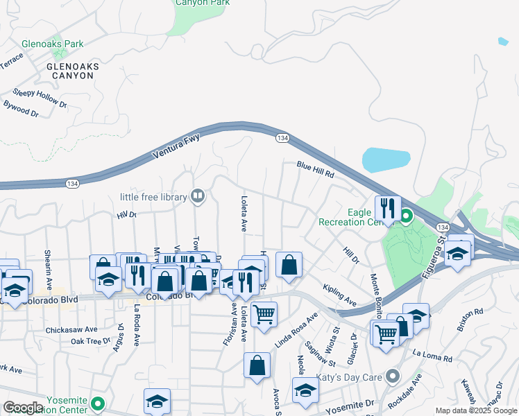 map of restaurants, bars, coffee shops, grocery stores, and more near 5333 Hartwick Street in Los Angeles