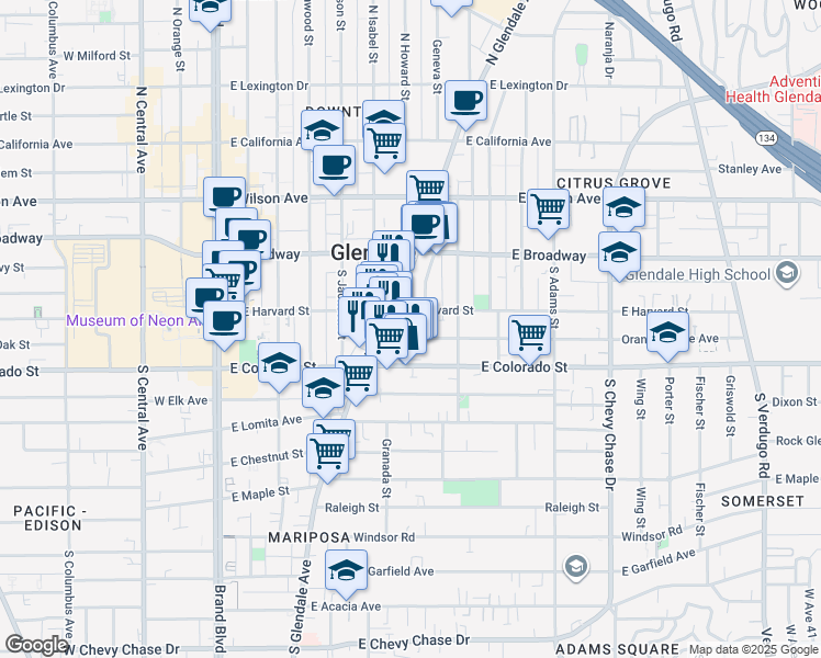 map of restaurants, bars, coffee shops, grocery stores, and more near 135 South Glendale Avenue in Glendale