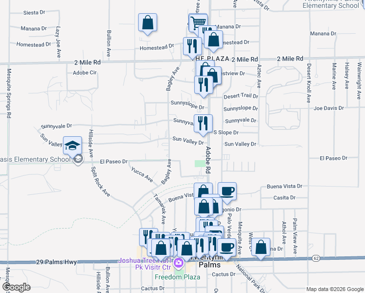 map of restaurants, bars, coffee shops, grocery stores, and more near 73601 Sun Valley Drive in Twentynine Palms