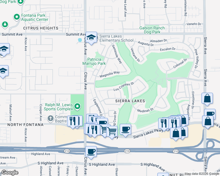 map of restaurants, bars, coffee shops, grocery stores, and more near 16264 Los Coyotes Street in Fontana