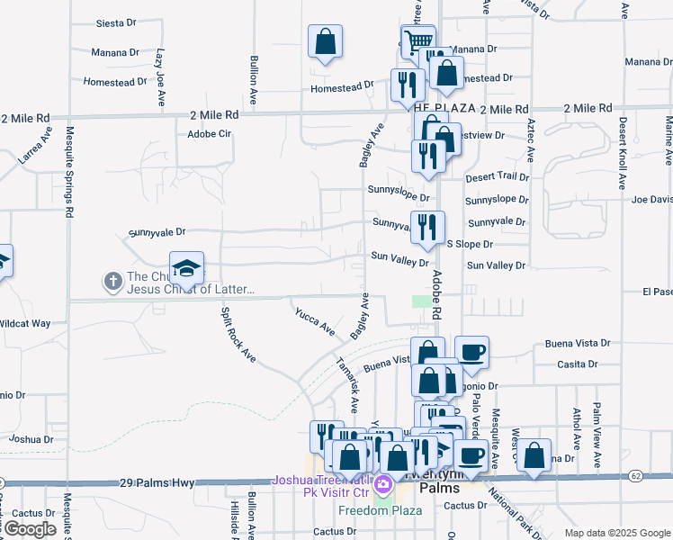 map of restaurants, bars, coffee shops, grocery stores, and more near 73477 Sun Valley Drive in Twentynine Palms