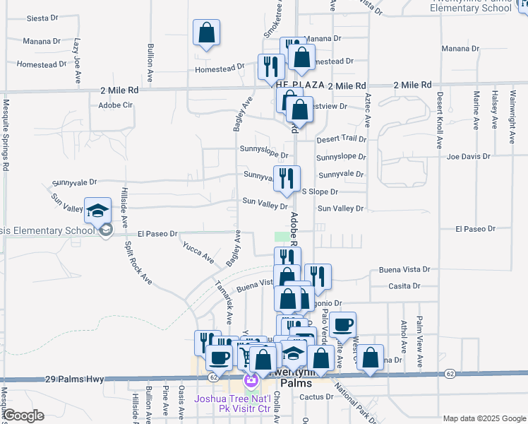 map of restaurants, bars, coffee shops, grocery stores, and more near 73615 Sun Valley Drive in Twentynine Palms