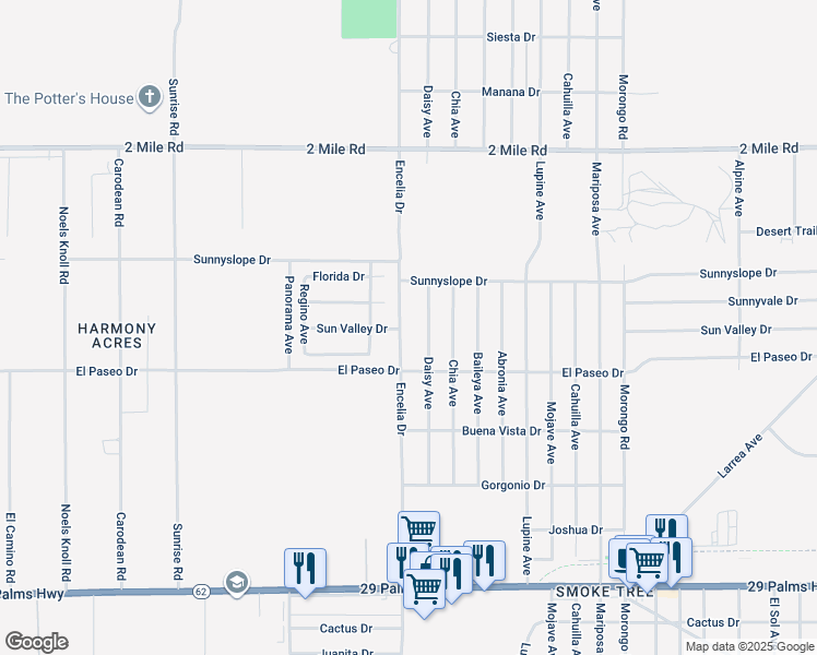 map of restaurants, bars, coffee shops, grocery stores, and more near 6039 Encelia Drive in Twentynine Palms