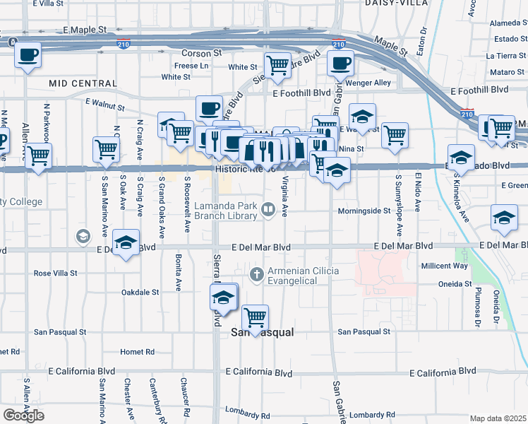 map of restaurants, bars, coffee shops, grocery stores, and more near East Morningside Street & South Altadena Drive in Pasadena