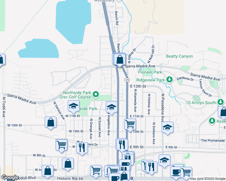 map of restaurants, bars, coffee shops, grocery stores, and more near 1285 North San Gabriel Avenue in Azusa