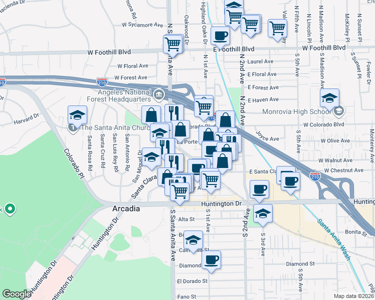 map of restaurants, bars, coffee shops, grocery stores, and more near 23 La Porte Street in Arcadia