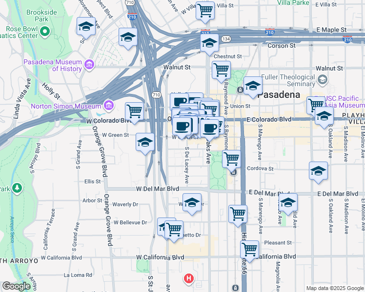 map of restaurants, bars, coffee shops, grocery stores, and more near 70W West Green Street in Pasadena