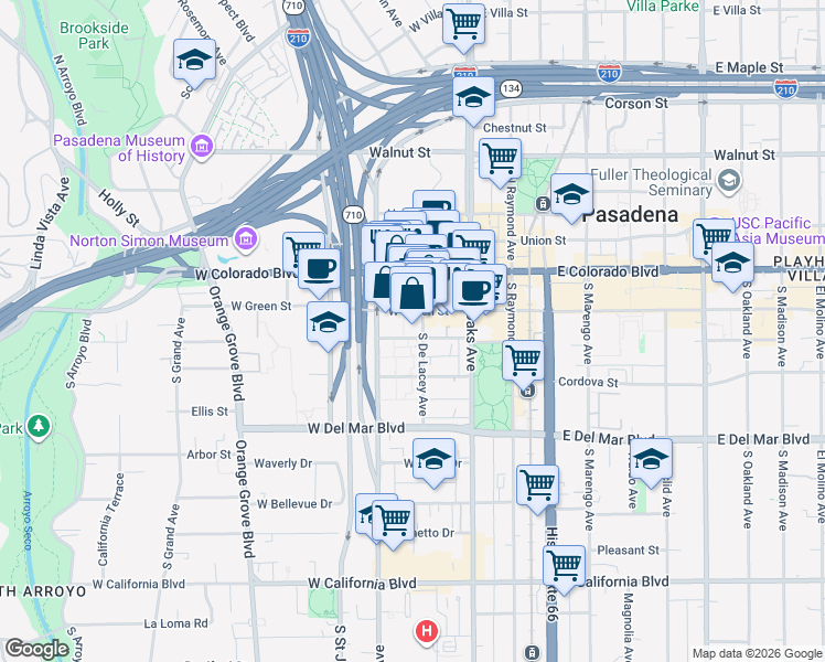 map of restaurants, bars, coffee shops, grocery stores, and more near 111 South De Lacey Avenue in Pasadena